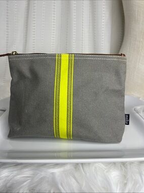 Maika Gray Canvas Pouch with Neon Yellow Center Stripe